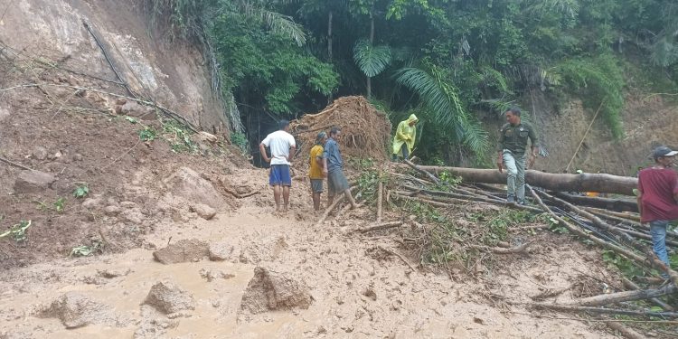 Material longsor berupa tanah, batu, dan pohon yang tumbang dan menutupi badan jalan di Desa Liwulagang akibat longsor yang terjadi Selasa, 2 April 2024 malam lalu.