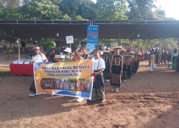 Peserta karnaval budaya dalam rangka Festival Uyelewun memasuki lapangan Desa Hoelea 1, Kecamatan Omesuri, Kabupaten Lembata, Senin, 5 Agustus 2024 sore.