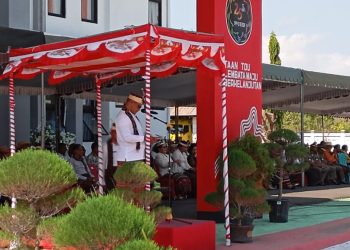 Penjabat Bupati Lembata Paskalis Ola Tapobali saat menyampaikan pidato pada apel peringatan HUT ke-25 Otonomi Daerah Kabupaten Lembata, Sabtu, 12 Oktober 2024 di halaman kantor Bupati Lembata.