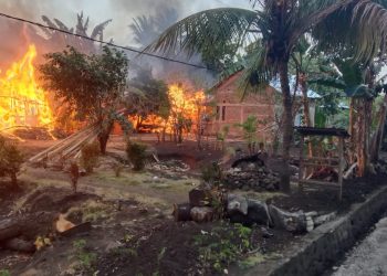 Rumah warga yang dibakar massa dalam konflik antar-desa di Pulau Adonara, Kabupaten Flores Timur,Senin, 21 Oktober 2024.