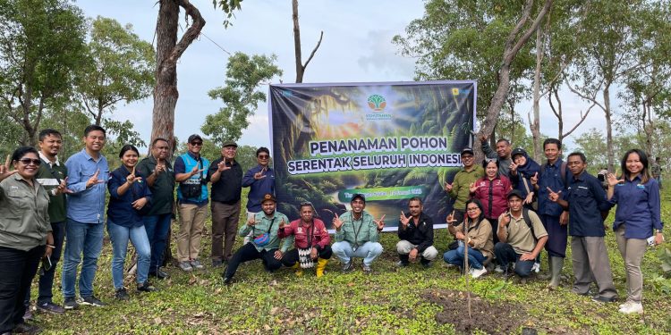 PT PLN (Persero) Unit Induk Pembangunan Nusa Tenggara (UIP Nusra) bersama Unit Pelaksana Teknis (UPT) Kesatuan Pengelolaan Hutan (KPH) dan masyarakat Kabupaten Timor Tengah Selatan (TTS) foto bersama usai penanaman pohon.