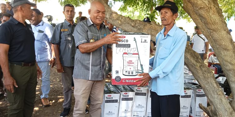 Bupati Lembata Petrus Kanisius Tuaq menyerahkan bantuan hansprayer kepada kelompok tani untuk mendukung rogram nelayan tani ternak (NTT) yang menjadi program prioritas di masa kepemimpinan Kanis-Nasir.