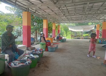 Tempat penjualan ikan di Pasar Lamahora tampak sepi. Hanya enam penjual ikan yang berjualan di pasar pada Jumat, 9 Mei 2025. Biasanya, terdapat 20-an penjual ikan, namun karena sepi pembeli, mereka berjualan di pinggir jalan.