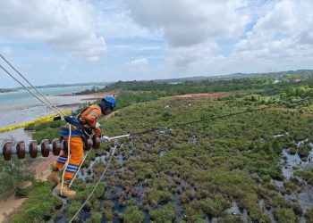 Petugas PLN tengah melakukan pemeliharaan jaringan transmisi Saluran Udara Tegangan Tinggi (SUTT) 150 kiloVolt (kV) sebagai bagian dari upaya memastikan keandalan pasokan listrik secara nasional. Komitmen ini menjadi fondasi dalam mendorong peningkatan kinerja PLN, yang pada Tahun Buku 2024 ini mencetak pendapatan sebesar Rp545,38 triliun.
