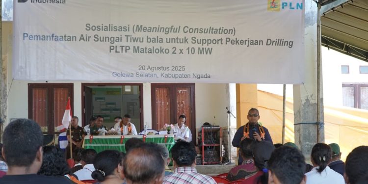 PT PLN (Persero) Unit Induk Pembangunan Nusa Tenggara (UIP Nusra) mengadakan sosialisasi pemanfaatan air Sungai Tiwu Bala untuk pekerjaan drilling Pembangkit Listrik Tenaga Panas Bumi (PLTP) Mataloko (2x10 MW) kepada masyarakat Golewa Selatan, Kabupaten Ngada, NTT, Rabu, 20 Agustus 2025.