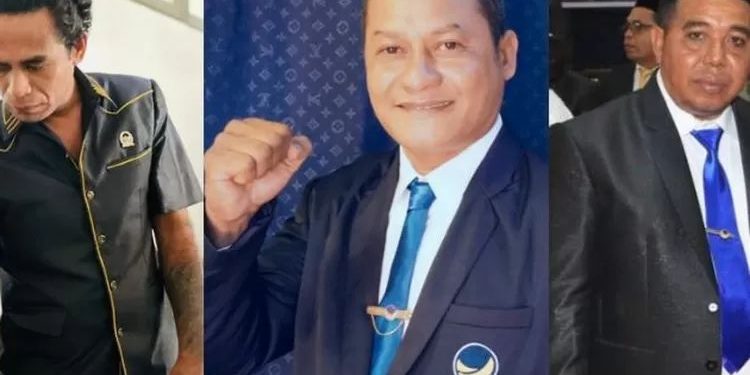 Fraksi Partai NasDem DPRD Lembata melakukan aksi walkout. Walkout yang dipimpin Ketua Fraksi Stefanus L Tapobali (tengah) bersama Jhon Batafor (paling kiri) dan Haji Bareng (paling kanan) dipicu kenaikan tarif bajak lahan petani saat dilakukan pembahasan dalam rapat Gabungan Komisi, Selasa, 28 Oktober 2025.