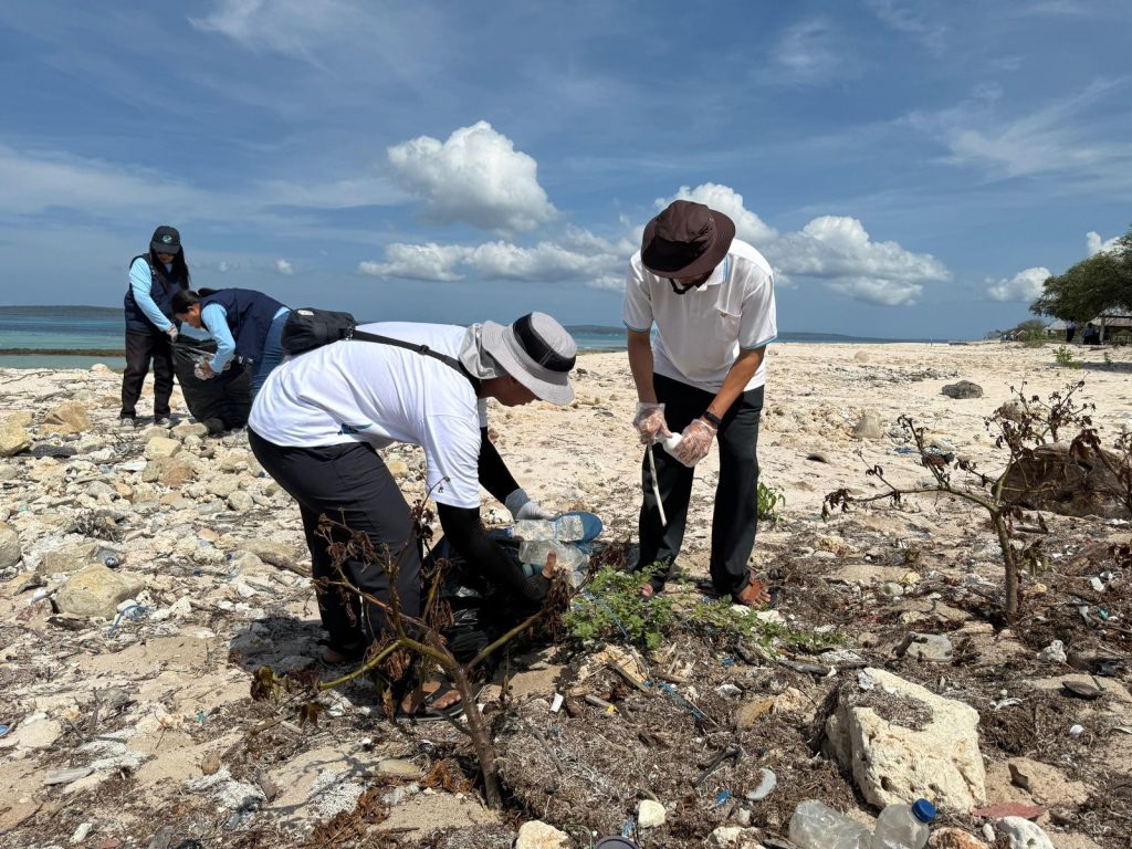 PLN, Politeknik KP Kupang, dan masyarakat Desa Lifuleo bergotong royong memungut berbagai jenis sampah yang berserakan di sepanjang bibir Pantai Oesina untuk kemudian dibuang ke tempat pembuangan akhir.