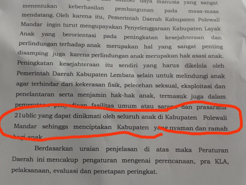 Nama Kabupaten Polewali Mandar yang muncul di dalam naskah Ranperda Kabupaten Layak Anak yang merupakan Ranperda usul inisiatif DPRD Lembata.