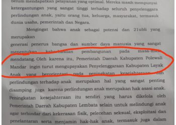 Nama Kabupaten Polewali Mandar yang muncul di dalam naskah Ranperda Kabupaten Layak Anak yang merupakan Ranperda usul inisiatif DPRD Lembata.