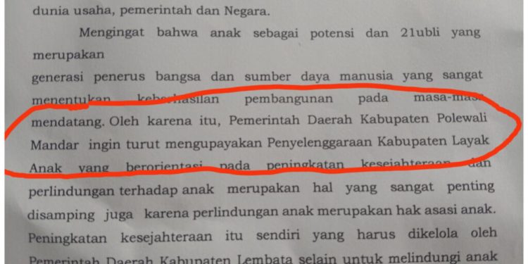 Nama Kabupaten Polewali Mandar yang muncul di dalam naskah Ranperda Kabupaten Layak Anak yang merupakan Ranperda usul inisiatif DPRD Lembata.