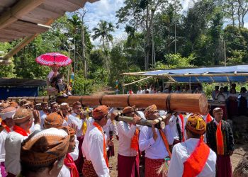 Prosesi peresmian Rumah Adat Gonggor yang dibangun melalui program Tanggung Jawab Sosial dan Lingkungan (TJSL) PT PLN (Persero) UIP Nusra di Desa Wewo, Kecamatan Satar Mese, Kabupaten Manggarai, Nusa Tenggara Timur (NTT), Senin, 15 Desember 2025.